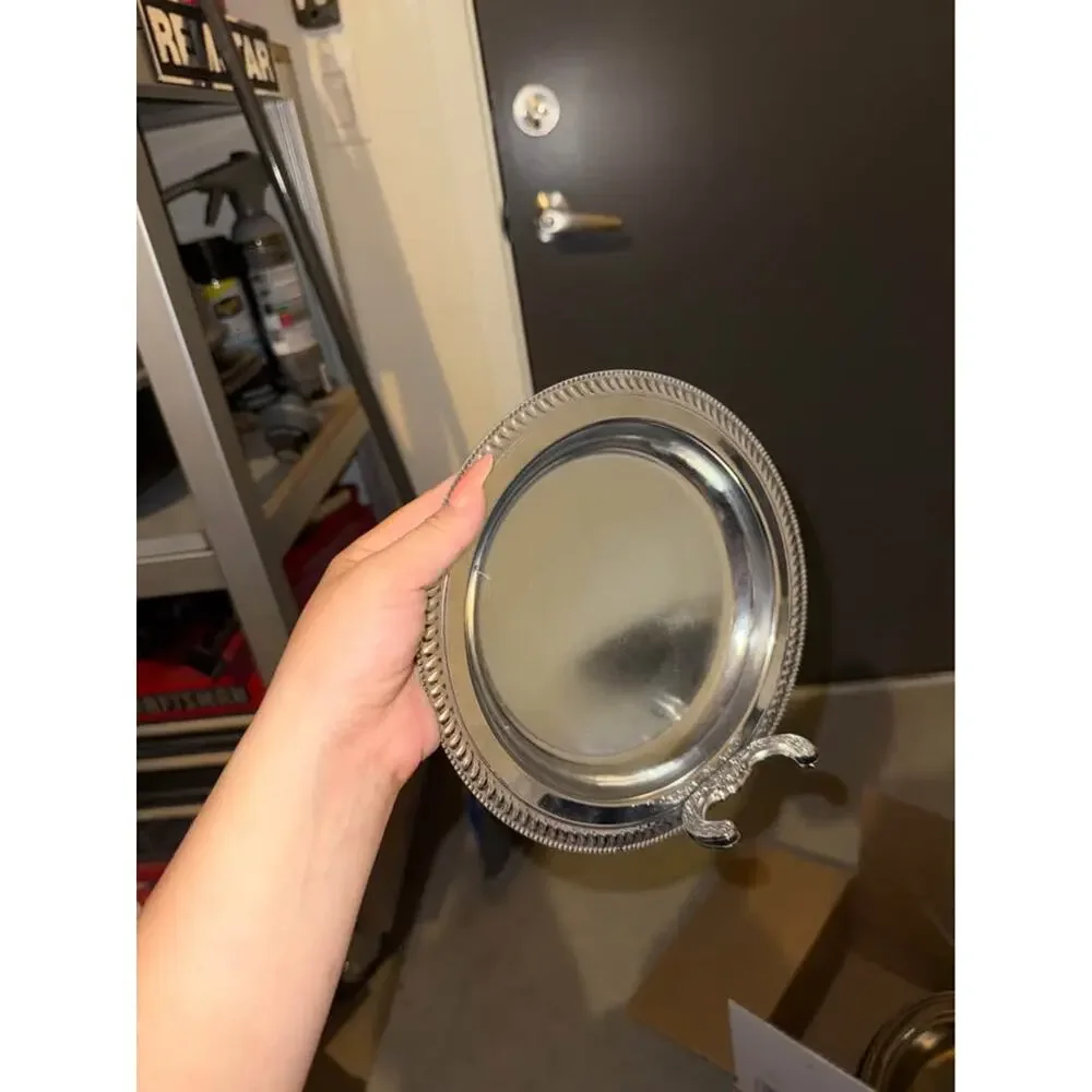 Vintage Silver-Toned Round Serving Tray with Ornate Handle